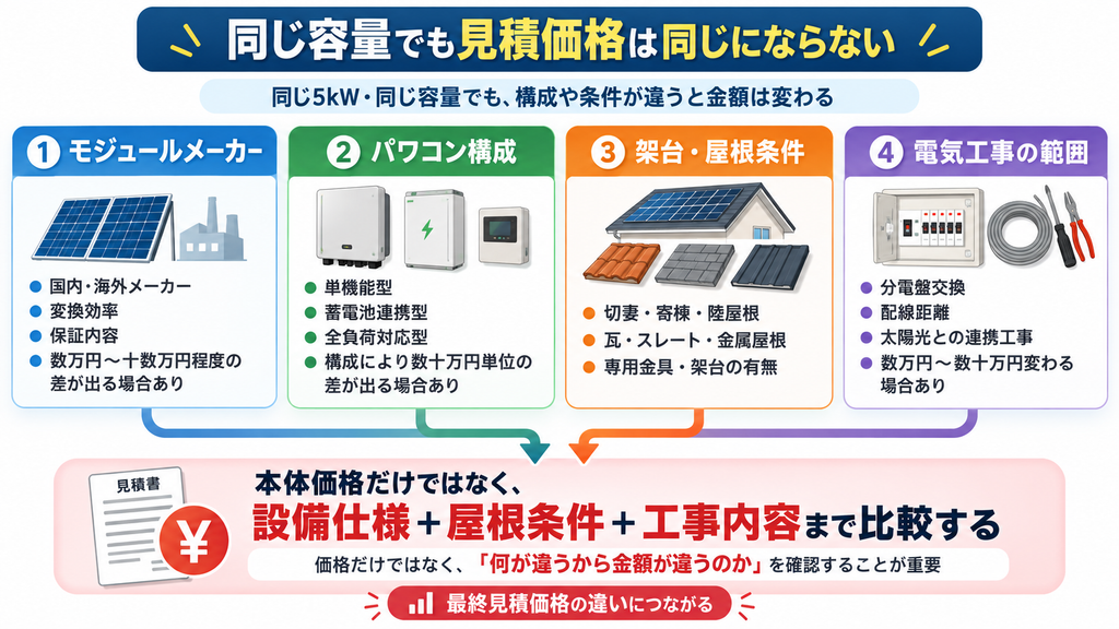 同じ5kWの太陽光発電でも見積価格が異なる理由を、モジュールメーカー、パワコン構成、屋根条件、電気工事の4要因で解説した図解。設備仕様や施工条件まで比較する重要性を紹介。