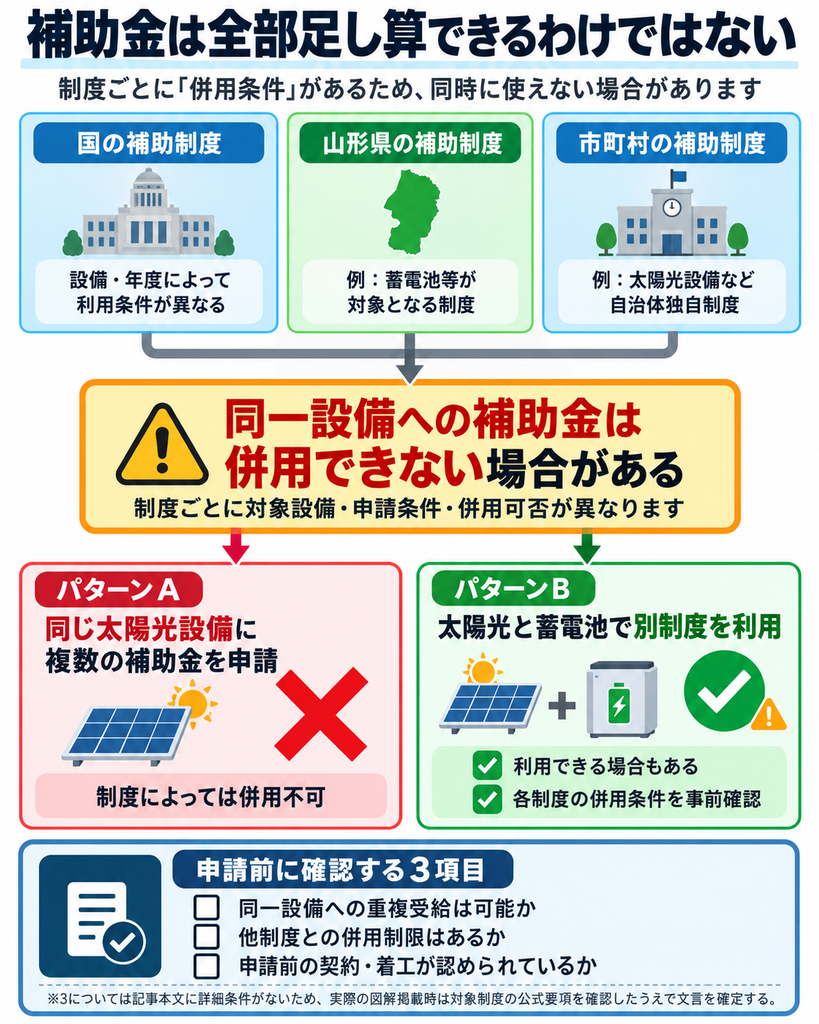 国・山形県・市町村の補助制度と、同一設備への補助金併用条件を解説した図解。太陽光発電と蓄電池で別制度を利用できる場合や、重複受給・併用制限・申請前着工の確認ポイントを紹介。